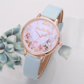 2020 Ženy Hodinky Luxusné Kvetinové Dial Quartz Analógové náramkové hodinky Soild Farba Kožený Remienok Darček Hodiny NOVÝCH Zegarki Damskie 1