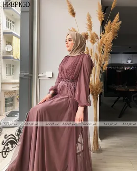 Dusty Rose Dlhé Rukávy Moslimských Večerné Šaty Vysoká Krku Korálky Pásy Plus Veľkosť Blízkom Východe Ženy, Formálne Šaty S Perím 1