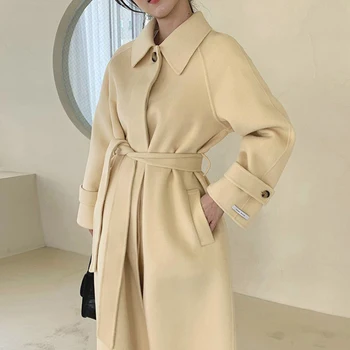 2021 Ženy Zimné Štíhle Dlhé Vlny Kabát s Pásom Singel svojim Vintage Vlnené Kabát Žena vrchné oblečenie Farbou 1