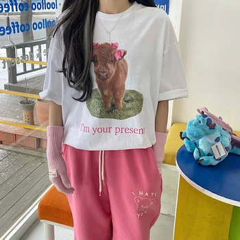 Bavlna Krátky Rukáv T-Shirt Ženy Roztomilý Teľa Luk List Tlač Voľné Kolo Krku Kórejský Tees Móda Letné Top 1