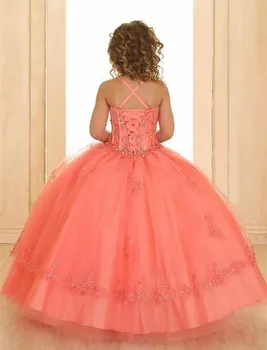 Sprievod Coral Korálkové Party oblečenie pre Deti, plesové Šaty, Špagety Popruh Backless Lesklé Luxusné Crystal Princess Kvet Dievčatá Šaty 1