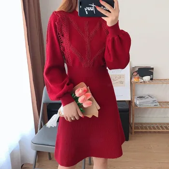 Elegantný Sveter Šaty Dámske Jesenné Zimné O krk Pletené Šaty Žien Bežné kórejský 2021 Vysoký Pás Červená Čierna Vestidos 1