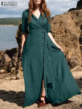 ZANZEA Ženy Vintage Čipky Maxi Sundress 2022 Lete Elegantné Polovičný Rukáv V Krku, Pevné Šaty Kaftan Župan Femme Dovolenku Vestido 1