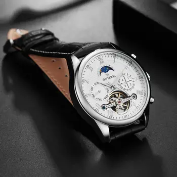 OUYAWEI Automatické Muži Mechanické Náramkové hodinky montre homme Kožený opasok, Klasické Luxusné Biela Kostra Tourbillon muž Hodinky 1