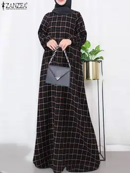 ZANZEA Ženy Vintage Koberčeky Skontrolovať Sundress Bežné Jeseň Dlhý Rukáv Dubaj Turecko-Islamské Oblečenie Župan Femme Abaya Hidžáb Oblečenie 1