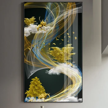 Abstrakt Golden Line Plagát Jelene a Strom V Cloud Plátno na Maľovanie Tableaux Tlač Zlato Wall Art Obraz Obývacia Izba Domova 1