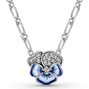 100% 925 Sterling Silver Šumivé Voľnou Rukou Srdce Modré Pansy Kvetina Náhrdelník Prívesok Fit Európe Perličiek Kúzlo Diy Šperky 2