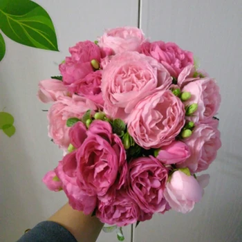 Nové ružové veľké pivónia umelé kvety elegantné krásne hodvábne falošné kvety kvety pivonky svadobné home party dekorácie list 2
