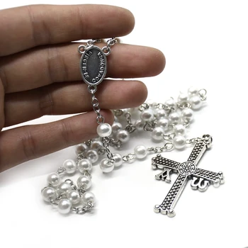 QIGO Veľký Kríž White Pearl Ruženec Náhrdelník Pre Mužov, Ženy Náboženské Modlite sa, Šperky 2