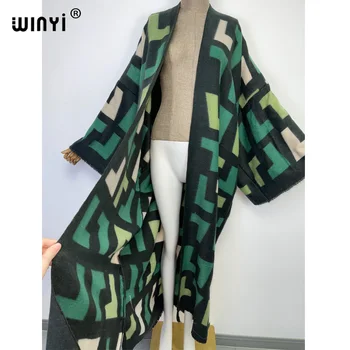 WINYI Kvalitné zimné Ženy elegantný Retro tlač voľné kabát Celý Rukáv Bežné teplej Teplé Ženské Vianočné zvrchníky 2