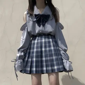 2021 Nový Japonský Šifón Košele Ženy Lolita Bábika Golier, Dlhé Rukávy Biele Tričko Žena Off-ramenný Topy 2