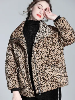 2022 Najnovší Luxusný Zimný Loose Fit Puffer Bunda Ženy Leopard Tlač Krátke Bežné Zips Zahustiť Teplé 90% Biele Kačacie Nadol Kabát 2