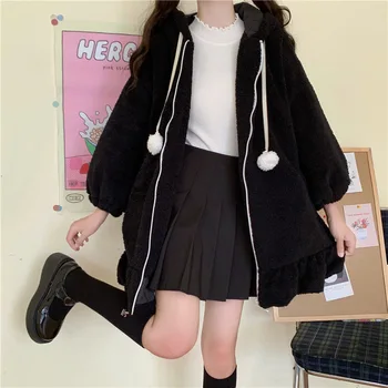 Japonský Cute Girl 's Kawaii Bundy Králičie Uši Velvet Pribrala Cashmere Sveter Žien Roztomilé Mäkké Dievča Kabát na Jeseň Zima 2