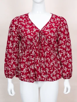 Finjani Plus Veľkosť Burgundská Červená Blúzky 2022 dekoráciami Ženy tričká V-neck Top Polyester 2