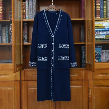 Vysoká Kvalita Nové Dlhé Kabáty 2022 Jeseň Zima Knitwear Ženy Tvaru Vrecku Patchwork Dlhý Rukáv Bežné Tmavo Modrá Béžová Coats 2