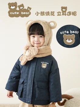 Dievčenské Zimné Kapucňou Bavlnené Oblečenie Cartoon Medveď Výšivky 2022 Nové Dieťa Kontrast Farieb Teplý Kabát Trend 2