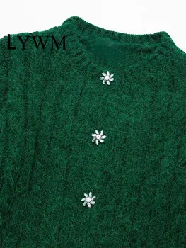LYWM Ženy Módy Zelené Singel svojim Cardigan Sveter Vintage Dlhé Rukávy O-Krku Žena Lady Chic Šaty 2
