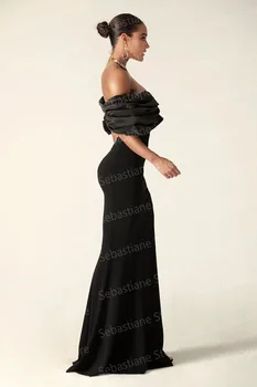 Čierne Jednoduché Elegantné Morská Víla Večerné Šaty Saténové Skladaný Mimo Ramenný Split Ženy Formálny Ples Sprievod Šaty Na Zákazku 2