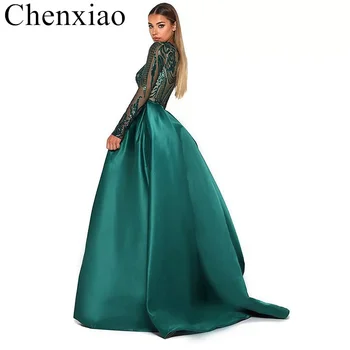 Chenxiao Zelená Dlhý Rukáv Večerné Šaty Elegantné Moslimských Odnímateľný Vlak Sequin Bling Marocký Kaftan Formálnej Strany Šaty 2