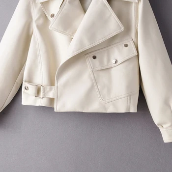 móda bežné ženy PU kožené bundy 2020 jar elegantné biele dámske kabáty streatwear lístkového rukáv žena bunda dievčatá kabát 2