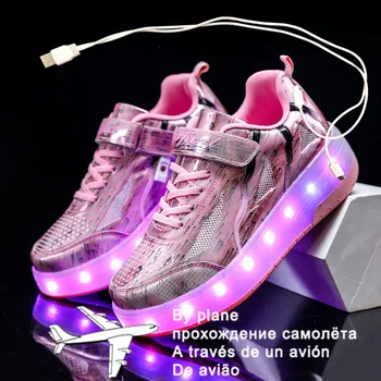 Nové Ružové USB Nabíjanie Fashion Dievčatá Chlapci LED Svetlo Valca Skate Topánky Pre Deti detský Tenisky S Kolesami Dvoch kolesách 2