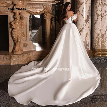 2021 Elegantné Ramena Saténové Svadobné Šaty Krátke Nafúknuté Rukávy-Line Princezná Svadobné Šaty S Vlakom Vestido De Novia 2