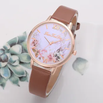 2020 Ženy Hodinky Luxusné Kvetinové Dial Quartz Analógové náramkové hodinky Soild Farba Kožený Remienok Darček Hodiny NOVÝCH Zegarki Damskie 2