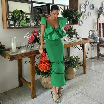 SoDigne Elegantný Zelený Satin Večerné Šaty Zloženke Spp Rukávmi Čaj Dĺžka Prom Šaty Lady Formálne Zvláštne Príležitosti Šaty 2