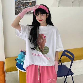 Bavlna Krátky Rukáv T-Shirt Ženy Roztomilý Teľa Luk List Tlač Voľné Kolo Krku Kórejský Tees Móda Letné Top 2