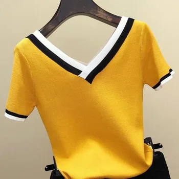 Krátke puzdre tričko dámske kontrast farieb prekladané zrastov tvaru 2021 letné top dámske oblečenie Femme 13362 2