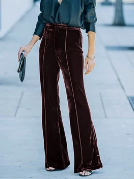 Najnovšie Príchod Ženy Velvet Horela Nohavice Jednofarebné Bežné Úsek Vysoký Pás Bootcut Nohavice Streetwear 2