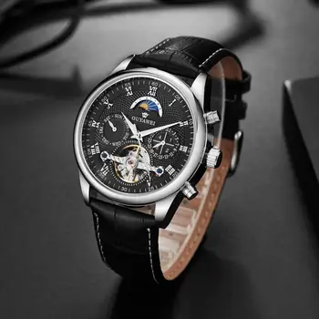 OUYAWEI Automatické Muži Mechanické Náramkové hodinky montre homme Kožený opasok, Klasické Luxusné Biela Kostra Tourbillon muž Hodinky 2