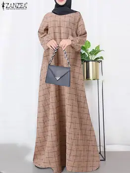ZANZEA Ženy Vintage Koberčeky Skontrolovať Sundress Bežné Jeseň Dlhý Rukáv Dubaj Turecko-Islamské Oblečenie Župan Femme Abaya Hidžáb Oblečenie 2
