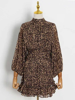 TWOTWINSTYLE Vintage Letné Šaty Žien 2022 Kolo Krku Svietidla Rukáv Vysoký Pás Leopard Mini Šaty Ženské Módne Oblečenie 2