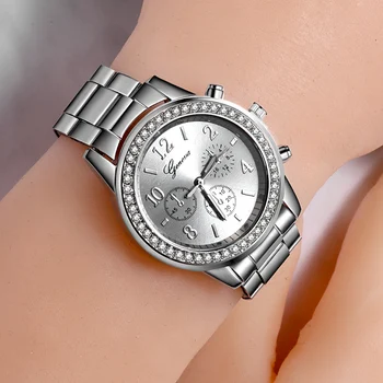 Nové Hodinky Ženy Klasické Ženeve Luxusné Dámske Hodinky Dámske Plnej Ocele Crystal Relogio Feminino Reloj Mujer Kovové Náramkové Hodinky 3