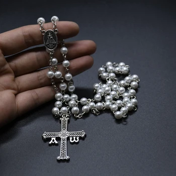 QIGO Veľký Kríž White Pearl Ruženec Náhrdelník Pre Mužov, Ženy Náboženské Modlite sa, Šperky 3