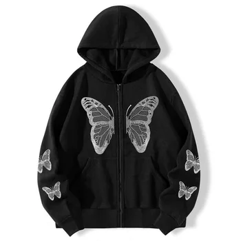 Jeseň Streetwear Y2K Módne Nadrozmerné Motýľ Gotický Grafické tlače Zips Hoodies E-dievča 90. rokov Žena, mikiny Kabát Hoodies 3