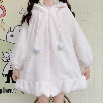 Japonský Cute Girl 's Kawaii Bundy Králičie Uši Velvet Pribrala Cashmere Sveter Žien Roztomilé Mäkké Dievča Kabát na Jeseň Zima 3
