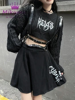 Harajuku Y2k Punk Rock Čierna Sivá Lettert Vytlačené Krátke Sveter dámske Dlhý Rukáv Gotický Streetwear O-krku Sveter Knitwear 3