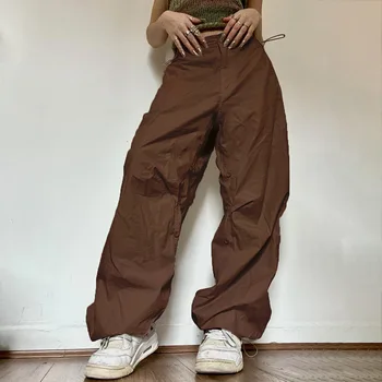 Ženy Bežné Širokú Nohu Cargo Nohavice Vintage Nízkym Pásom Šnúrkou Joggers Tech Nohavice Pevné Tlačidlo Hippie Streetwear Neforemné Nohavice 3