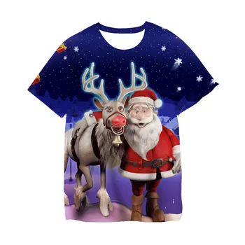 Šťastné a veselé Vianoce, Santa a Jelene Tlačiť T-Shirt 3-14 Rokov Deti-Chlapci, Dievčatá T-Shirts 3