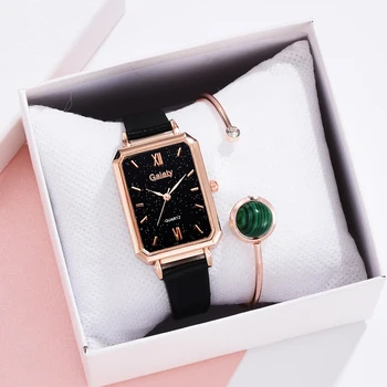 2KS /Set Módy Zelené Námestie Dial Kožený Opasok Quartz Hodiny Dámske Náramkové hodinky Žena Elegantný Náramok Hodiniek Nastaviť Reloj Mujer 3