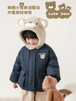 Dievčenské Zimné Kapucňou Bavlnené Oblečenie Cartoon Medveď Výšivky 2022 Nové Dieťa Kontrast Farieb Teplý Kabát Trend 3