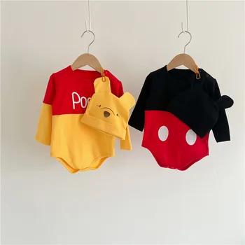 Zadarmo klobúky, 0-2 rok staré detské oblečenie, na jar a na jeseň trojuholník taška prd romper, cartoon žltá medveď, česanej bavlny romper 3