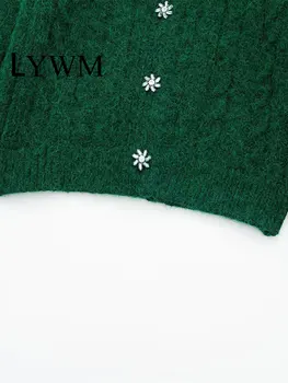 LYWM Ženy Módy Zelené Singel svojim Cardigan Sveter Vintage Dlhé Rukávy O-Krku Žena Lady Chic Šaty 3