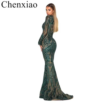 Chenxiao Zelená Dlhý Rukáv Večerné Šaty Elegantné Moslimských Odnímateľný Vlak Sequin Bling Marocký Kaftan Formálnej Strany Šaty 3