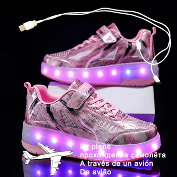 Nové Ružové USB Nabíjanie Fashion Dievčatá Chlapci LED Svetlo Valca Skate Topánky Pre Deti detský Tenisky S Kolesami Dvoch kolesách 3