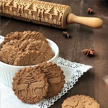 Vianočné Razba Koľajových Pin Pečenie Cookies Biscuit Fondant Tortu Cesto Vyryté Sobov Snowflake Elk Vzor Drevený Valček 3