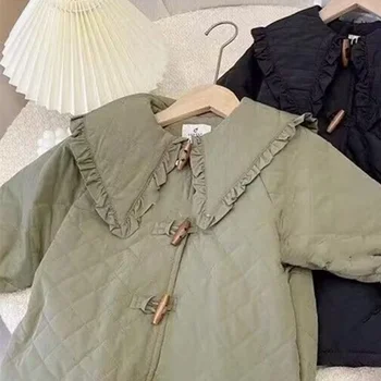 Dievčatá Kabát, Bundu Bavlna Outwear Vetru 2022 Vintage Teplé Zahustiť Velvet Zimné detské Oblečenie 3