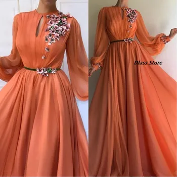 Moslimské Orange Dlhé Rukávy Kvety Večerné Šaty A-Line Šifón Islamskej Saudskej Arabčina Prom Šaty Župan De Soiree Vestidos De Gala 3